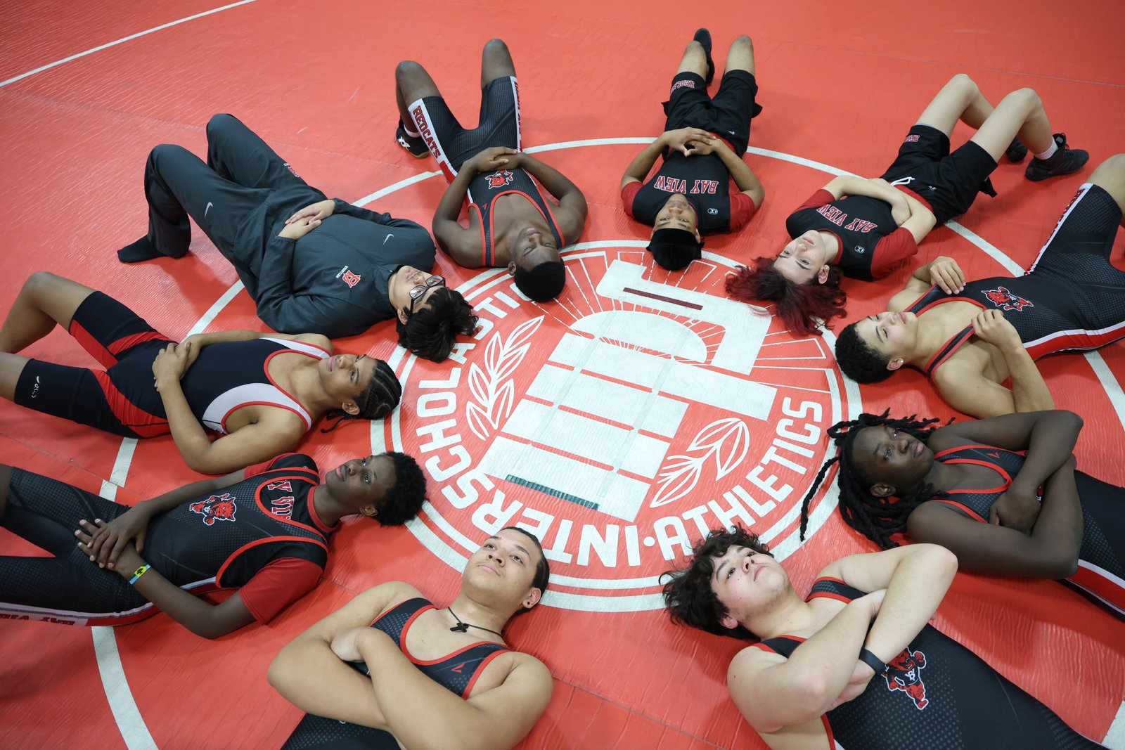 Wrestling team in creative overhead shot